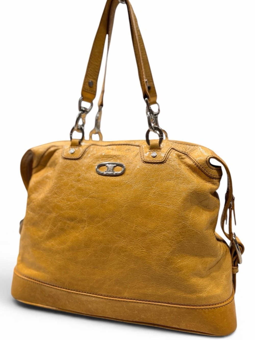 Celine Authentic Crinkled Leather Bag in Mustard Yellow with Silver Accents